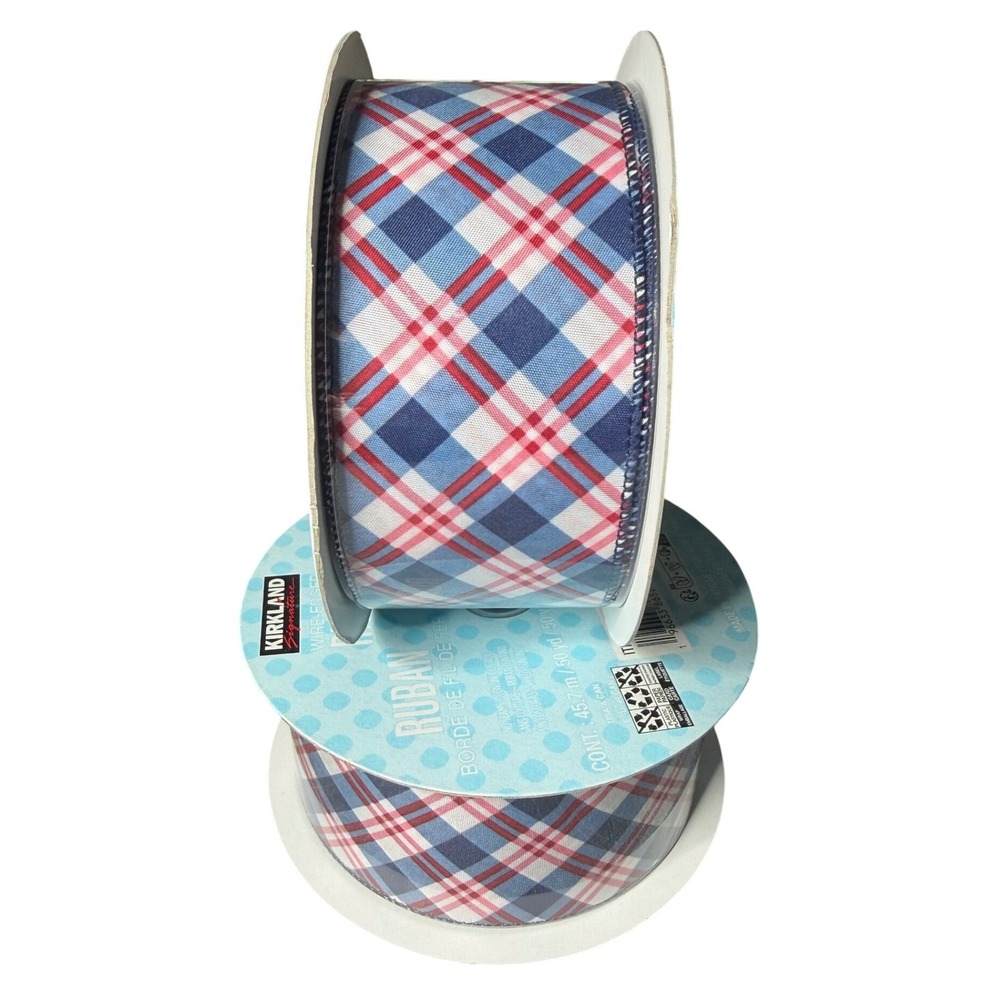 Kirkland Signature Red White Blue Plaid Wire Edged Ribbon 2.5" x 50yd 2-Pack